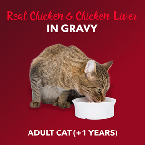 Meat Up Adult(+1 Year) Wet Cat Food, Real Chicken and Chicken Liver in Gravy, 12 Pouches (12 x 70g) - Buy 1 Get 1 Free