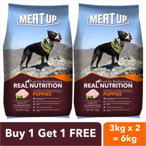 Meat Up Puppy Dog Food, 3 kg + Chicken Flavour Dog Biscuit, Dog Treats , 1kg Jar (Buy 1 Get 1 Free)