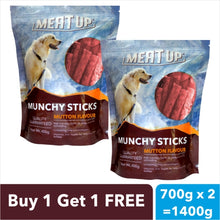 Load image into Gallery viewer, Meat Up Adult Dog Food 3 kg + Chicken Flavor Biscuit 500g + Mutton MunchySticks  400g (Buy 1 Get 1 Free)
