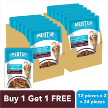 Load image into Gallery viewer, Meat Up Adult Dry Dog Food, 3 kg + Wet Dog Food, Real Chicken and Chicken Liver in Gravy, 12 Pouches x 70g (Buy 1 Get 1 Free)
