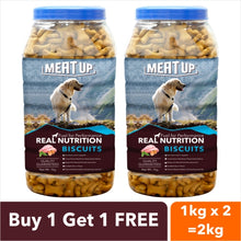 Load image into Gallery viewer, Meat Up Puppy Dog Food, 3 kg + Chicken Flavour Dog Biscuit, Dog Treats , 1kg Jar (Buy 1 Get 1 Free)
