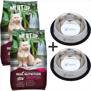 Meat Up Adult Cat Food ,3 kg (Buy 1 Get 1 Free) + Stainless Steel Cat Feeding Bowl (Buy 1 Get 1 Free), 225ml