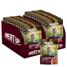 Load image into Gallery viewer, Meat Up Adult(+1 Year) Wet Cat Food, Real Chicken and Chicken Liver in Gravy, 12 Pouches (12 x 70g) - Buy 1 Get 1 Free
