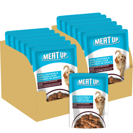 Meat Up Wet Dog Food, Real Chicken and Chicken Liver in Gravy, 70 Gram (Pack of 6) - Buy 1 Get 1 Free