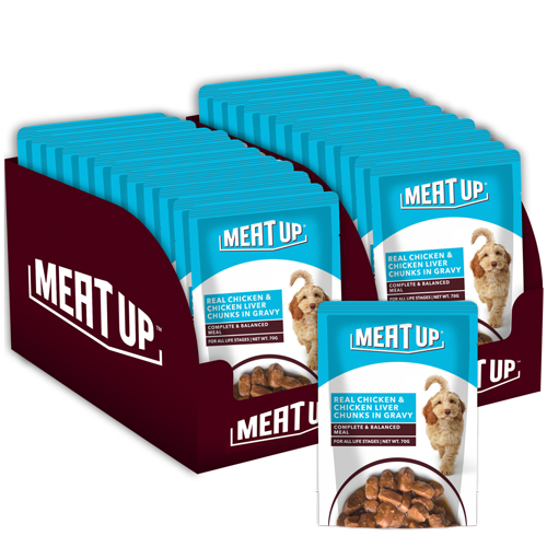 Meat Up Wet Dog Food, Real Chicken and Chicken Liver in Gravy, 12 Pouches (12 x 70g) - Buy 1 Get 1 Free