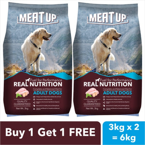Meat Up Adult Dog Food, 3 kg (Buy 1 Get 1 Free) + Calcium Bone Pouch , Dog Treats , 230 gm (25 pcs)