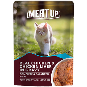 Meat Up Adult(+1 Year) Wet Cat Food, Real Chicken and Chicken Liver in Gravy, 12 Pouches (12 x 70g) - Buy 1 Get 1 Free