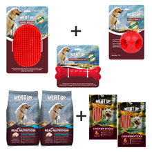 Load image into Gallery viewer, Meat Up Hole Ball Toy+Chew Bone Toy,5 inches+Grooming Hand Brush+Chicken Sticks 100g(Buy1Get1Free)+Adult Dog Food, 1.2 kg(Buy1Get1Free)
