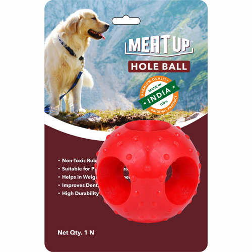 Meat Up Non-Toxic Rubber Hole Ball Chew Toy, Puppy/Dog Teething Toy - 3 inches